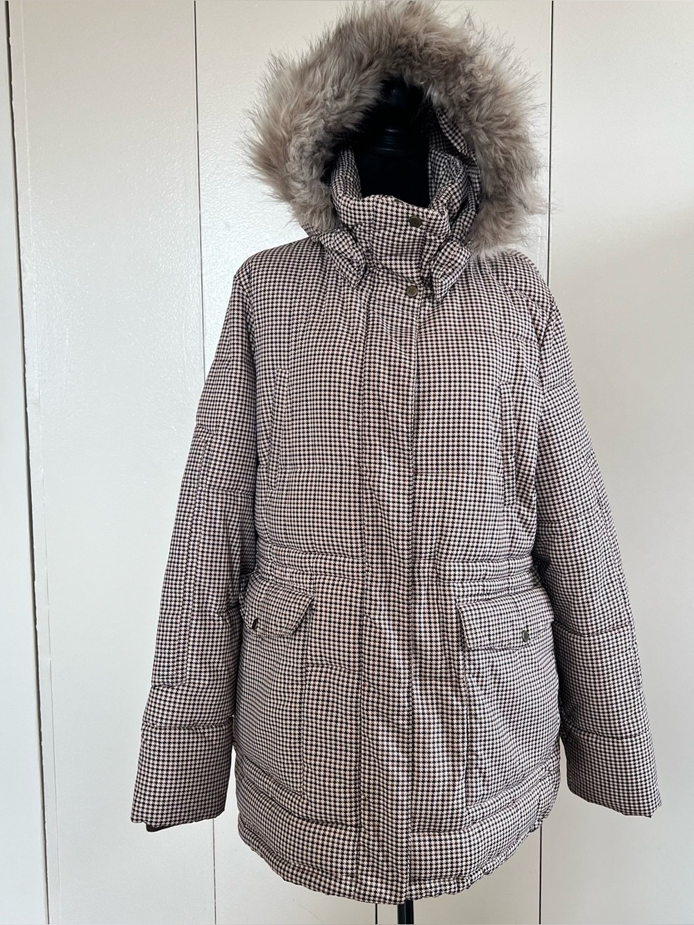 Ralph Lauren Brown Check Puffer Coat with Faux Fur Hood